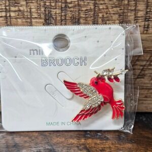 Red Enamel, Mint Colorful Crystal Hummingbird Brooch.